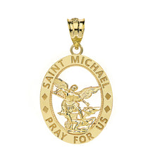 Load image into Gallery viewer, Saint Michael Pray for Us Oval Charm Pendant and Necklace in Gold