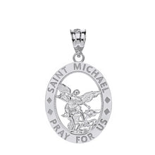 Load image into Gallery viewer, Saint Michael Pray for Us Oval Charm Pendant and Necklace in Sterling Silver