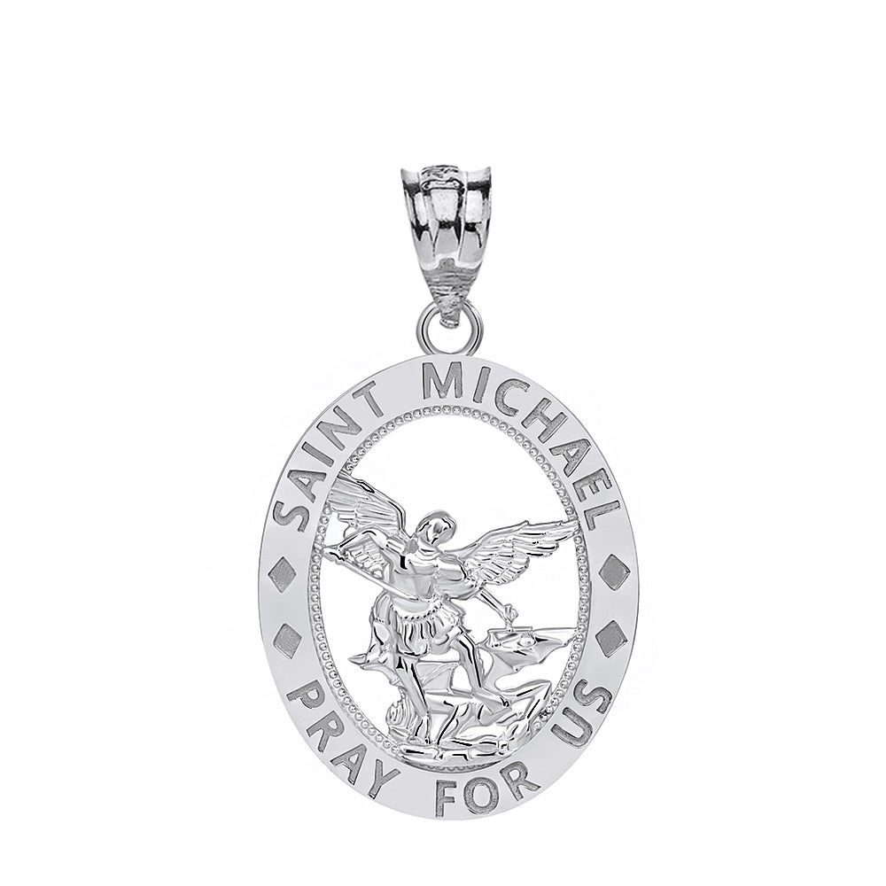 Saint Michael Pray for Us Oval Charm Pendant and Necklace in Sterling Silver