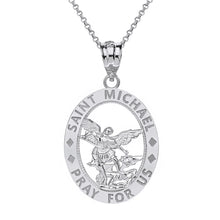 Load image into Gallery viewer, Saint Michael Pray for Us Oval Charm Pendant and Necklace in Gold