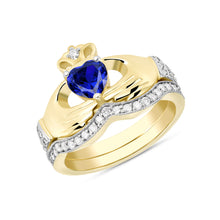 Load image into Gallery viewer, Irish Claddagh Cubic Zirconia Birthstone Ring Set in Gold (2 rings - Engagement and Wedding Ring)