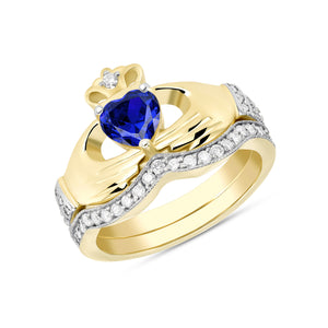 Irish Claddagh Cubic Zirconia Birthstone Ring Set in Gold (2 rings - Engagement and Wedding Ring)