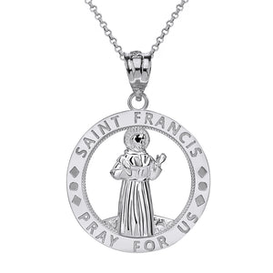 Saint Francis of Assisi Pray for Us Round Charm Pendant and Necklace in Gold