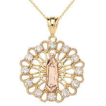 Load image into Gallery viewer, Shiny Filigree Lady of Guadalupe Decorative Pendant Necklace in Two-Tone Gold - solid gold, solid gold jewelry, handmade solid gold jewelry, handmade jewelry, handmade designer jewelry, solid gold handmade designer jewelry, chic jewelry, trendy jewelry, trending jewelry, jewelry that&#39;s trending, handmade chic jewelry, handmade trendy jewelry, mod-chic jewelry, handmade mod-chic jewelry, designer jewelry, chic designer jewelry, handmade designer, affordable jewelry