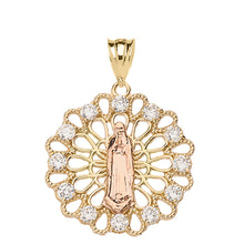 Load image into Gallery viewer, Shiny Filigree Lady of Guadalupe Decorative Pendant Necklace in Two-Tone Gold - solid gold, solid gold jewelry, handmade solid gold jewelry, handmade jewelry, handmade designer jewelry, solid gold handmade designer jewelry, chic jewelry, trendy jewelry, trending jewelry, jewelry that&#39;s trending, handmade chic jewelry, handmade trendy jewelry, mod-chic jewelry, handmade mod-chic jewelry, designer jewelry, chic designer jewelry, handmade designer, affordable jewelry
